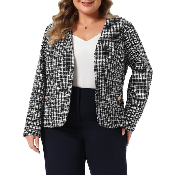 DARING DIVA Women's Plus Tweed Blazer Open Front Long Sleeve Jacket 1X Black