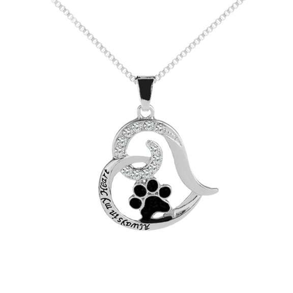 harmtty Letters Rhinestone Hollow Heart Dog Paw Pendant Necklace Women Party Jewelry,Silver