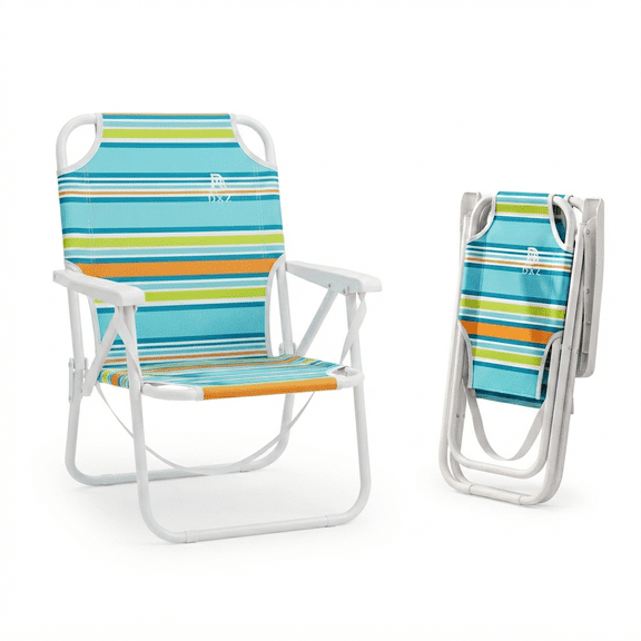 Portable folding beach chair with a shoulder strap; lightweight, low-seated outdoor chair with armrests, ideal for camping, picnics, parks, poolside, travel, concerts, and relaxing at the beach