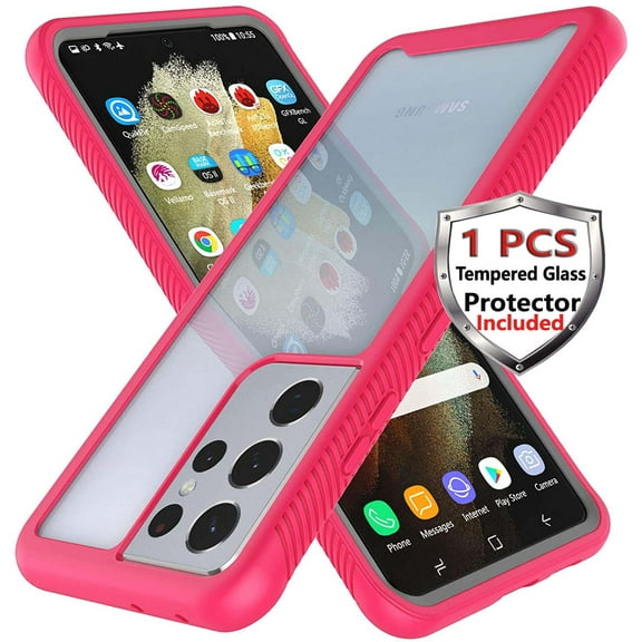 for Galaxy S21 Ultra / Galaxy S21 Plus / Galaxy S21 5G Clear Case & Screen Protector, Tekcoo [Tduke] Shock Absorbing Full Body Sturdy Cover Grip Plastic Bumper Transparent Phone Hard Cases [Rose]