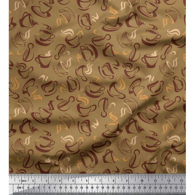 Soimoi Brown Rayon Fabric Plate & Teacup Beverages Printed Fabric 1 Yard 56 Inch Wide