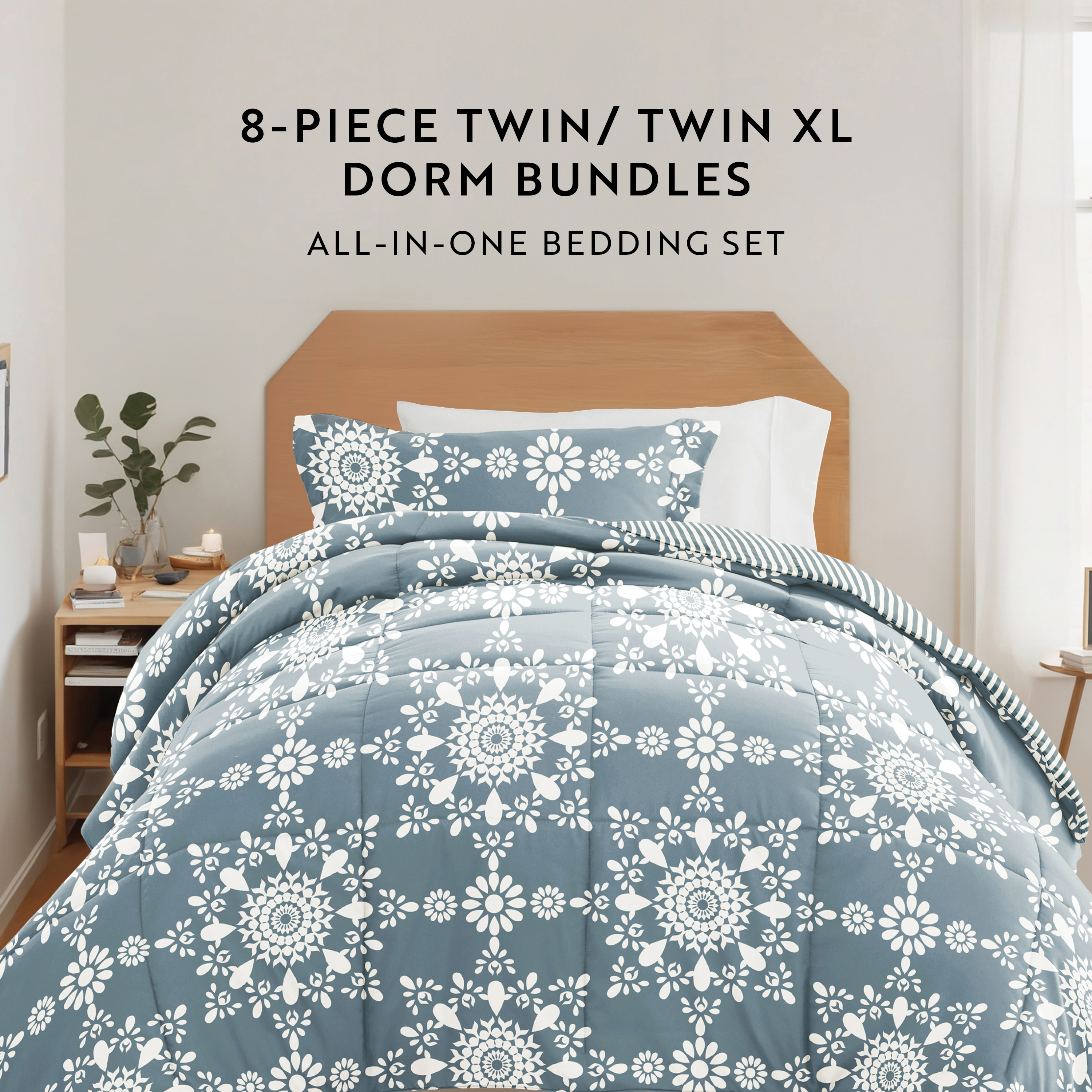 Noble Linens 8 Piece Dorm Bedding Bundle, Comforter & Sheet Set, Pillows, Laundry Bag