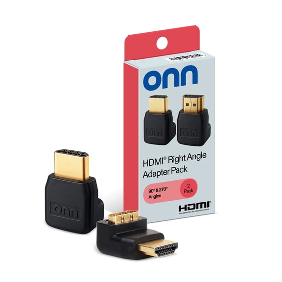 onn. HDMI Right Angle Adapter, 90° & 270° Male-to-Female HDMI Connectors, 4K - 60Hz, 18 Gbps, 2 Pack, Gold-Plated
