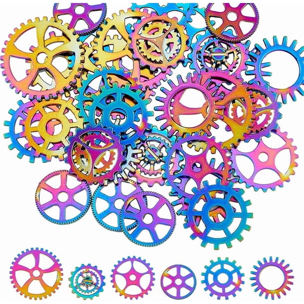 36 piezas de 6 estilos de dijes Steampunk para reloj, dijes de conector de reloj, dijes de enlace de engranaje, colgantes de conector de aleación, dijes de engranajes de arcoíris, dijes de rueda hueca