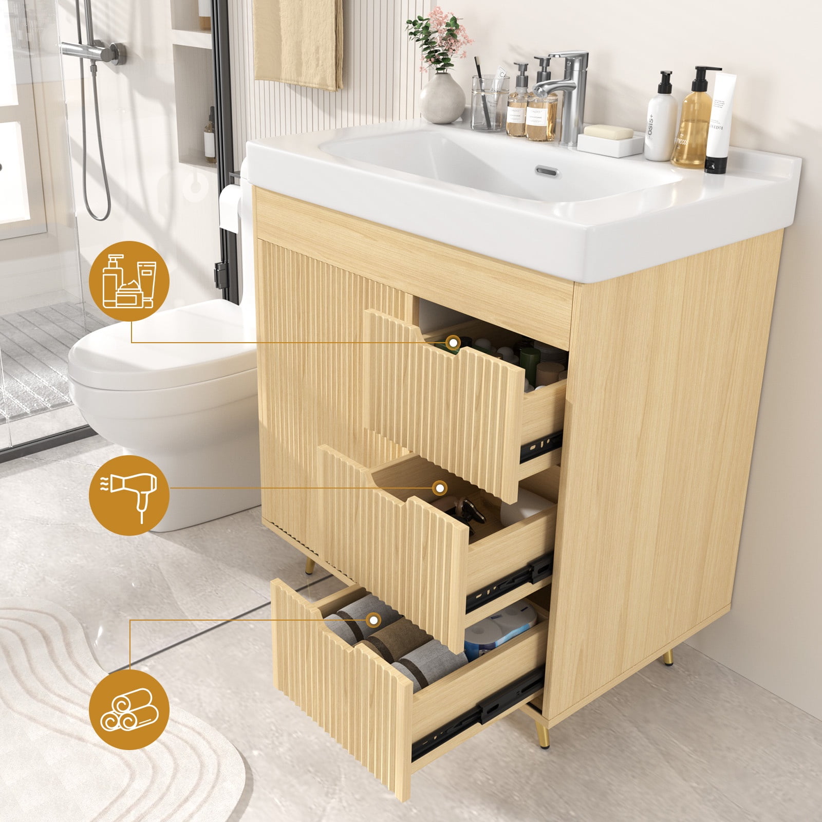 PPorfamilia Bathroom Vanity Cabinet with Ceramic Sink, Faucet and 3 Drawers, Natural