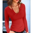 thumbnail image 4 of Womens Fall Clothes Long Sleeve Shirts Halter U Neck Ribbed Knit Slim Fitted Basic Casual Tops Red S, 4 of 9