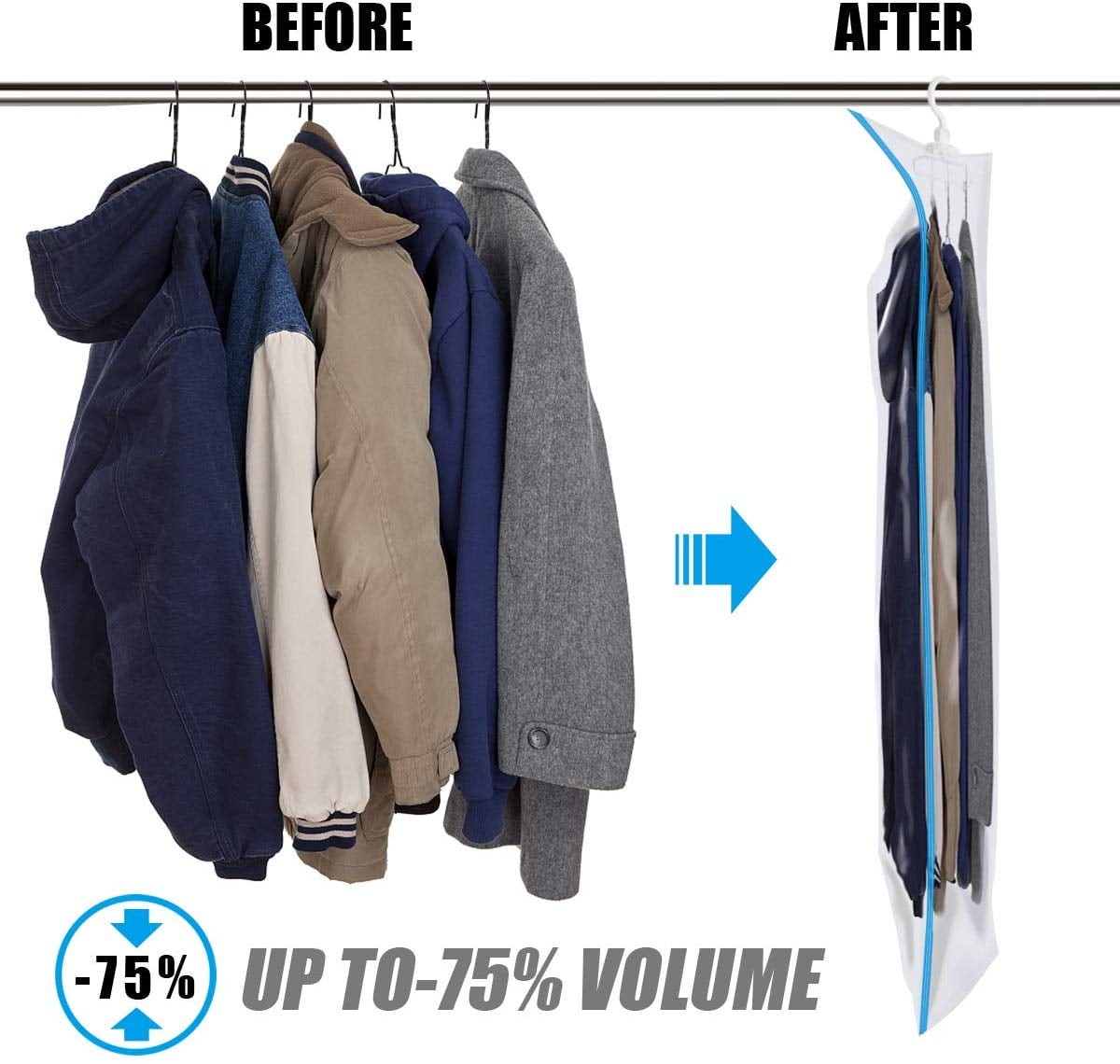 QQbed XL 5 Pack Double Seal Waterproof Hanging Vacuum Storage Bags with Hook 47"x28" (120x70cm) Reduces Size by up to 80%