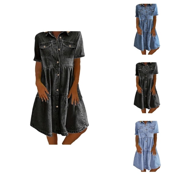 Denim Dress for Women Spring Summer Short Sleeve Button Down Collared Midi Dresses Jean Dress Casual Work Dresses