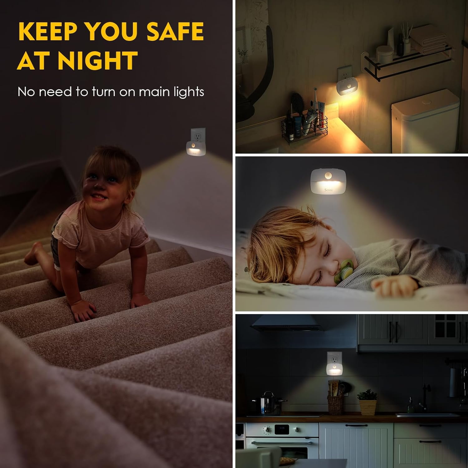 Sensor Night Light Plug in 4 Pack,10-60Lm Stepless Dimming,3 Light Modes with Memory, Smart Night Lights Plug Into Wall Sensor,Dusk to Dawn Sensor for Bedroom,Toilet,Hallway,Kitchen