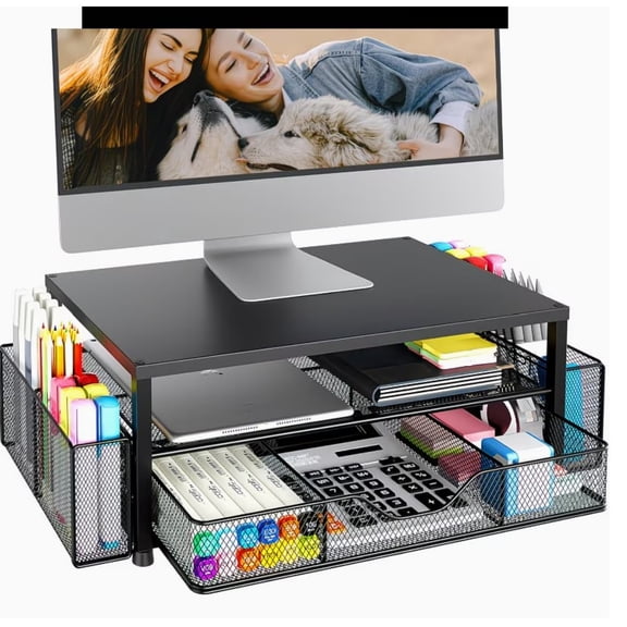 BoldDeco Monitor Stand Riser 2-Tier Metal Desk Organizer with Drawer Pen Holders for Computer Monitor Laptop Black