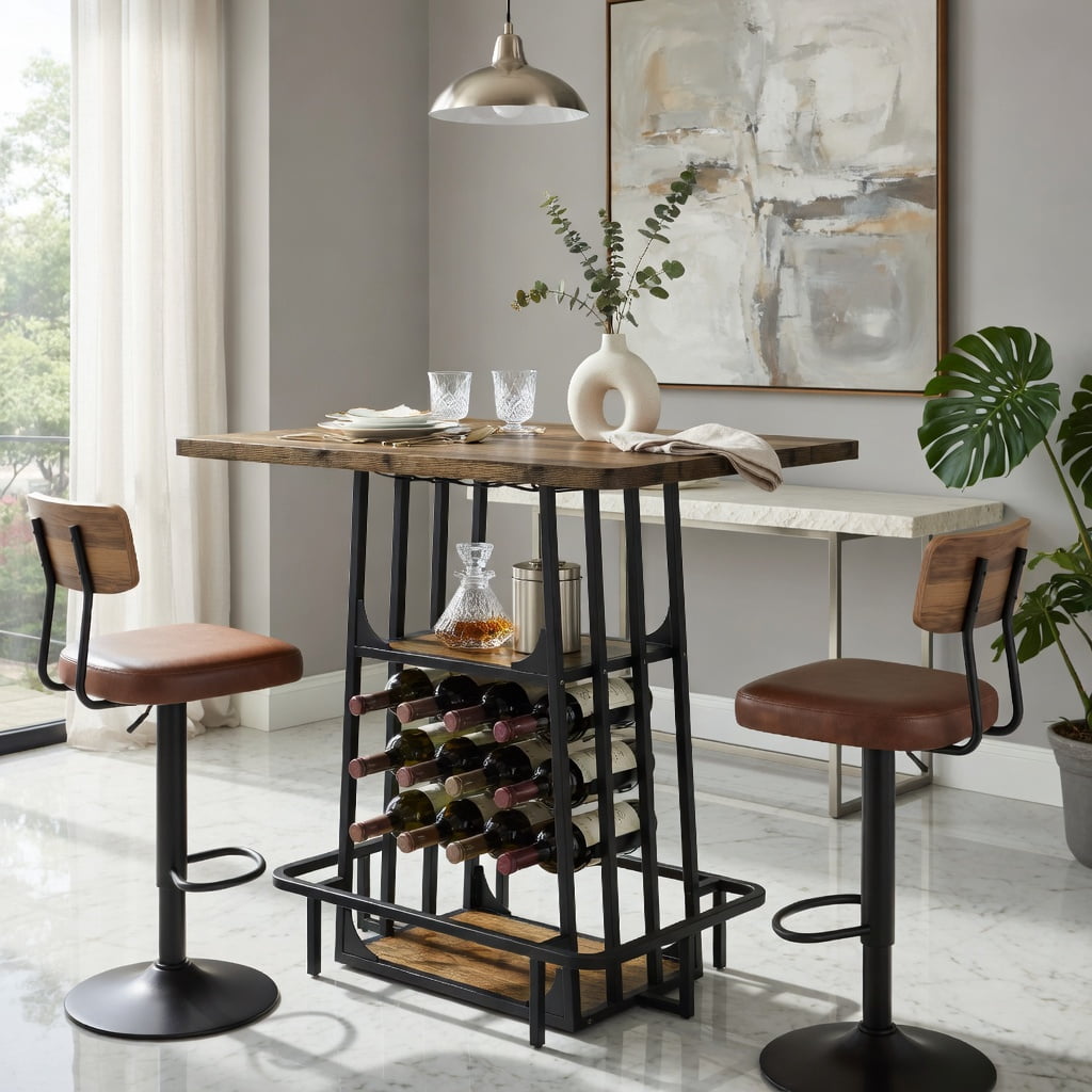 Hommoo 39.4 Inch Industrial Bar Table with 3-Tier Storage, Wine Rack, Glass Holder, Built-in Footrest, Counter Height Pub Table for Home Bar, Coffee Station or Standing Desk, Rustic Brown