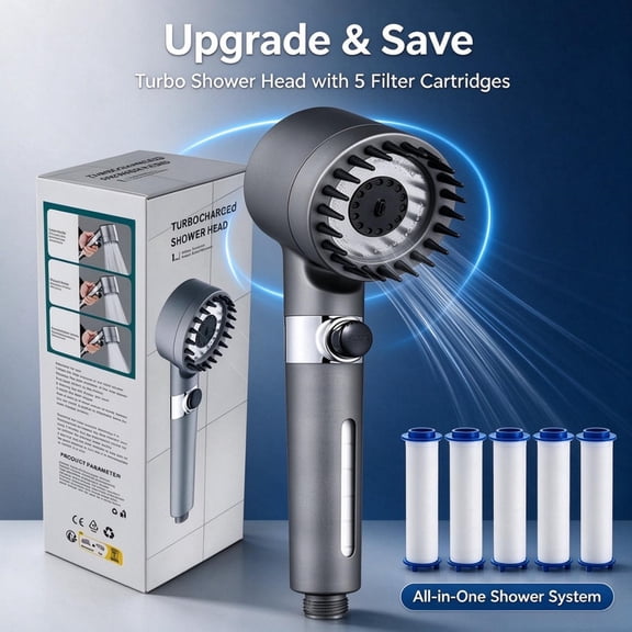 Ion Drops Filtered Shower Head,Adjustable Handheld Shower with 59‑Inch Hose & Bracket,5 Replacement Filter Cartridges,Built‑In Flash Cleaning Mode for Bathroom