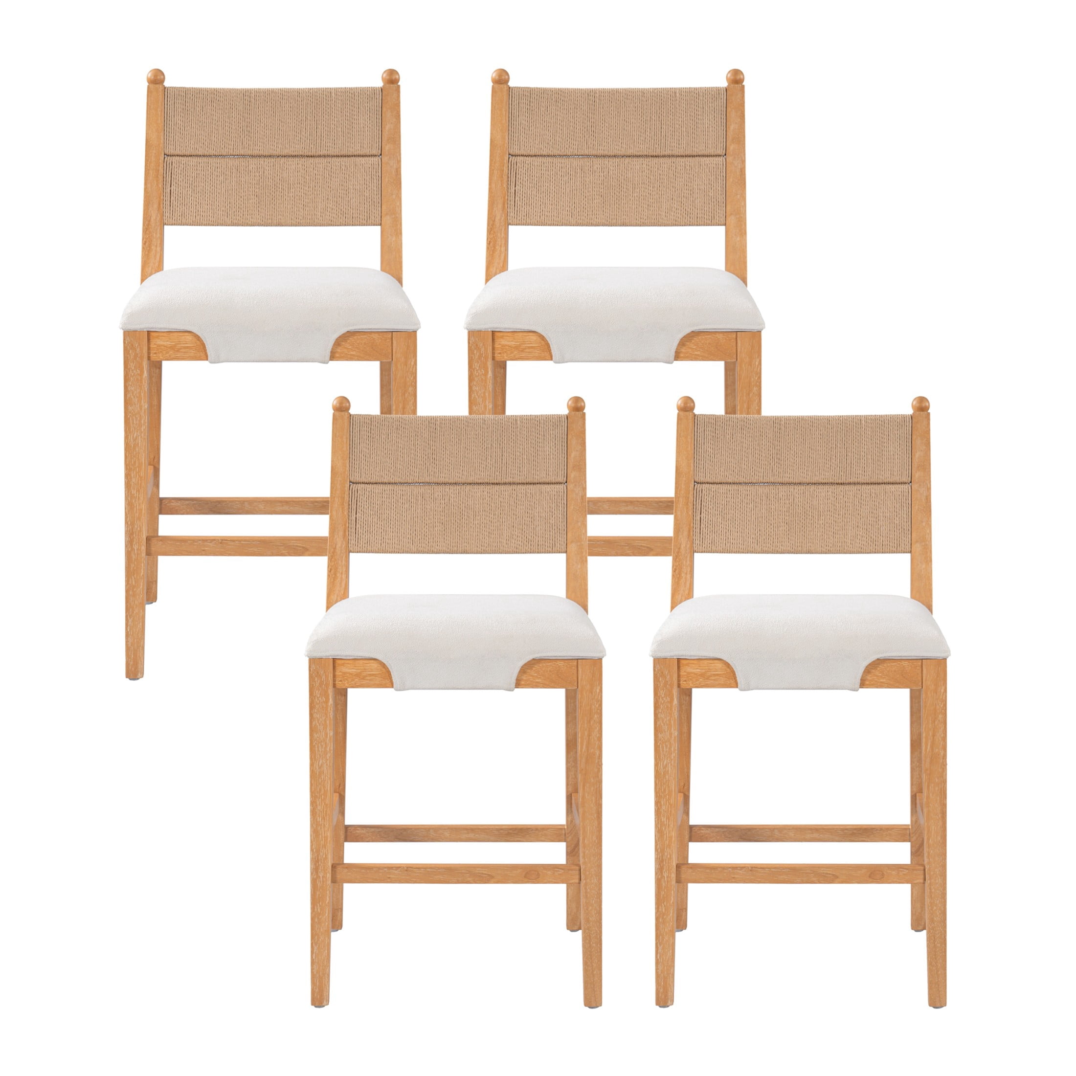 Christopher Knight Home Upholstered Counter Stools, Rope Back, Wood Frame, Beige+Natural, Set of 4