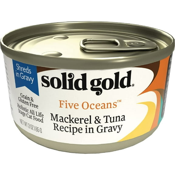 Solid Gold Five Oceans Mackerel & Tuna Shreds in Gravy, Canned Wet Cat Food, Gluten & Grain Free, 3oz