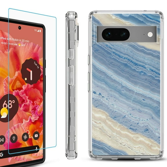 OneToughShield ® for Google Pixel 7a Shockproof Bumper Phone Case, with Tempered Glass Screen Protector - Marble/ Marina Blue