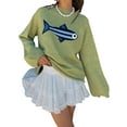 thumbnail image 2 of Women Crew Neck Rib Knit Fish Graphic Oversized Y2k Pullover Sweater Jumper Light Green S, 2 of 8