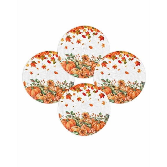 Fall Round Placemats Set of 4 Autumn Harvest Pumpkin Place Mats Thanksgiving Woven Placemat Berry Orange Maple Leaves Circle Braided Table Mat for Kitchen Dining Table Party Home Decor 15 Inch