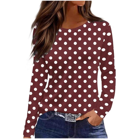 Women's Polka Dot Printed Tops Long Sleeve Graphic Tee Shirts Loose Fit Vintage Casual Round Neck Tshirts (XL, Wine)