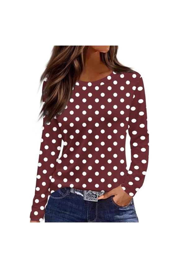 Women's Polka Dot Printed Tops Long Sleeve Graphic Tee Shirts Loose Fit Vintage Casual Round Neck Tshirts (XL, Wine)