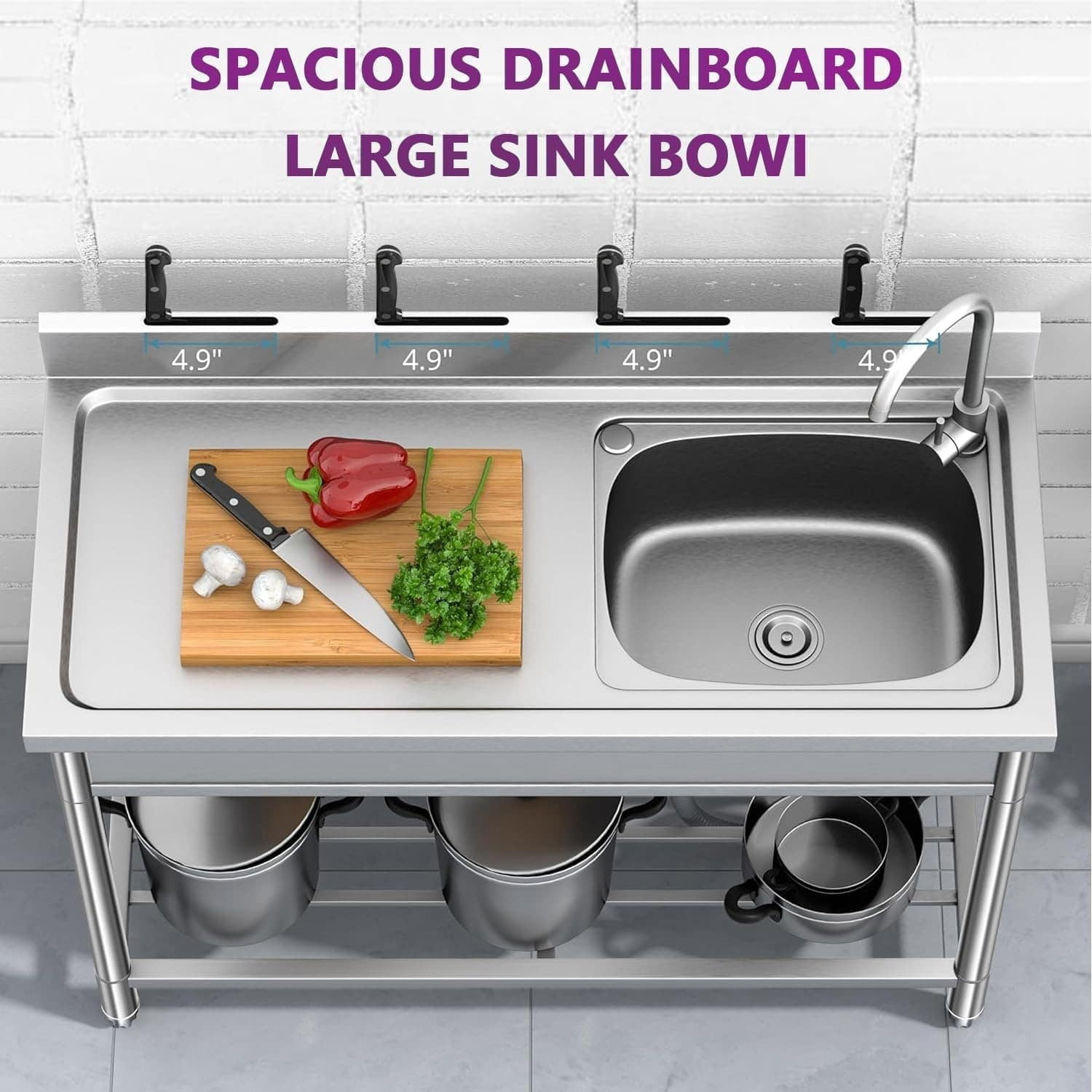 EastVita Stainless Steel Utility Sink Free Standing Single Bowl Sink with Cold and Hot Water Pipe Commercial Kitchen Utility Sinks for a Laundry Room Bathroom Kitchen Indoor Outdoor