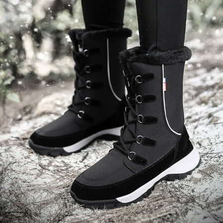 

ZMHEGW Women Boots Winter Snow Mid Tube Flat Non Slip Round Toe Lace Up Solid Color Plush Warm And Comtable Outdoor Shoes