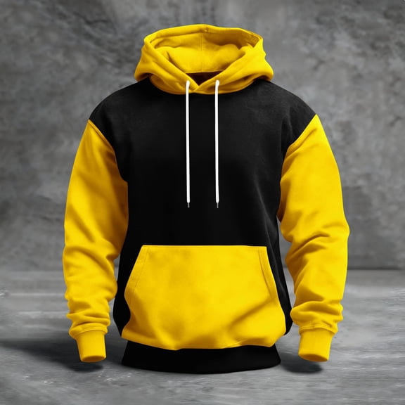 QHRMKOG Hoodies for Men Loose Fit Color Block Hooded Sweatshirrt Casual Long Sleeve Drawstring Pullover Hoodies Winter Warm Tops with Pockets Yellow 2XL