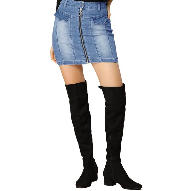 INSPIRE CHIC Women's Denim Skirts Zip Front Slim Fit High Waist Mini Jean Skirt L Blue