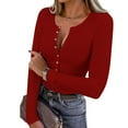 thumbnail image 2 of Lenpel Long Sleeve Shirts for Women Trendy Scoop Neck Half Button Ribbed Knit Slim T-Shirts Basic Casual Tees Going out Tops(Red,Large), 2 of 7