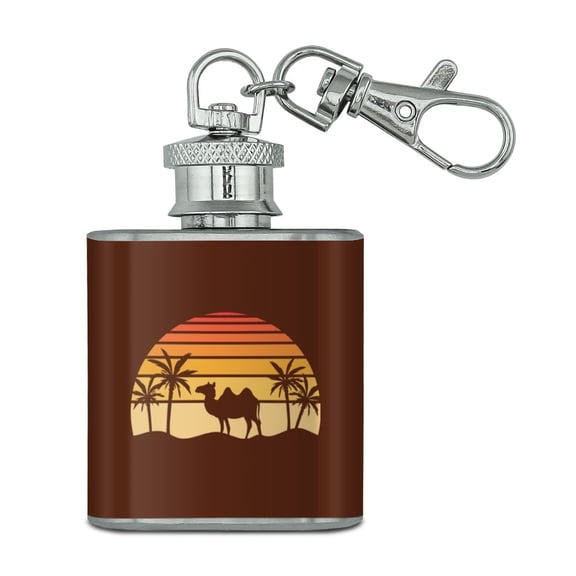 Camel In the Desert Sunset With Palm Trees Stainless Steel 1oz Mini Flask Key Chain