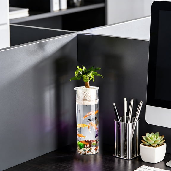 Plastic Fish Tank, Desktop Aquarium Bowl for Goldfish Betta, Small Clear Fish Tank for Tabletop Decor, Home Desk Ornament with Plant Basket, Unbreakable Aquarium（L)