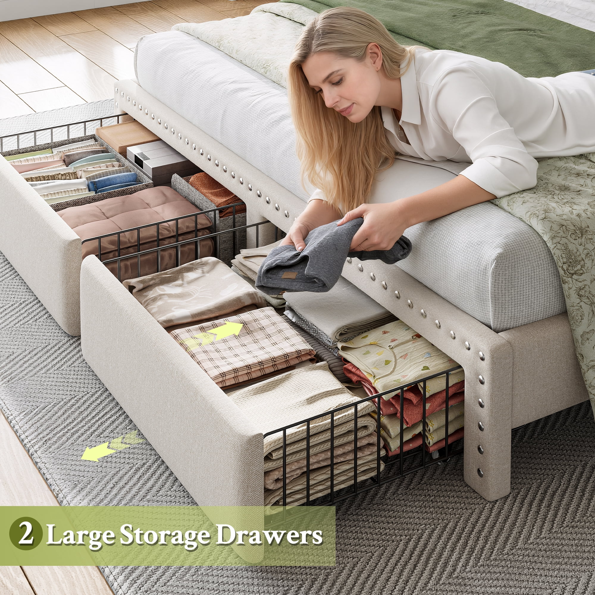 Queen Size Bed Frame with 2 Storage Drawers Upholstered Bed Frame with 2-Tier Storage Headboard & Charge Station & LED Light,Beige
