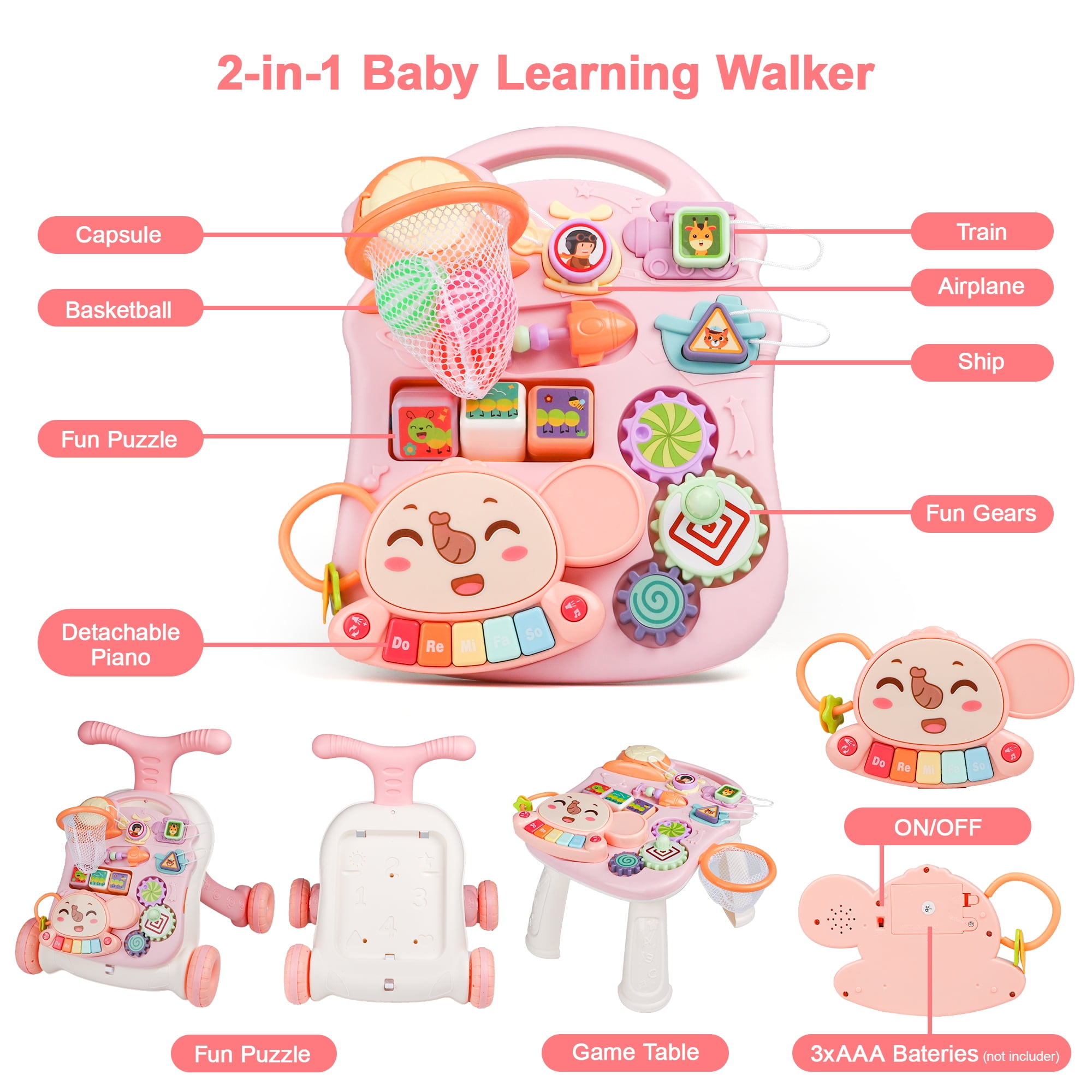 Carsky 3-in-1 Baby Walker and Learning Table Center, Perfect Learning Toys Christmas Baby Toy Gift for Infants 6-12 Months, 17.3 Inch Perfect for Early Development & Playtime for Girls Boys-Pink