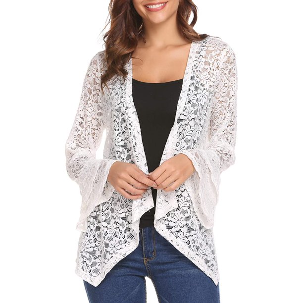 Women's Swimsuit Beach Cover Up Lace Cardigan Bathing Suit Long Sleeve Beachwear White Grande White Grande Xishao ropa