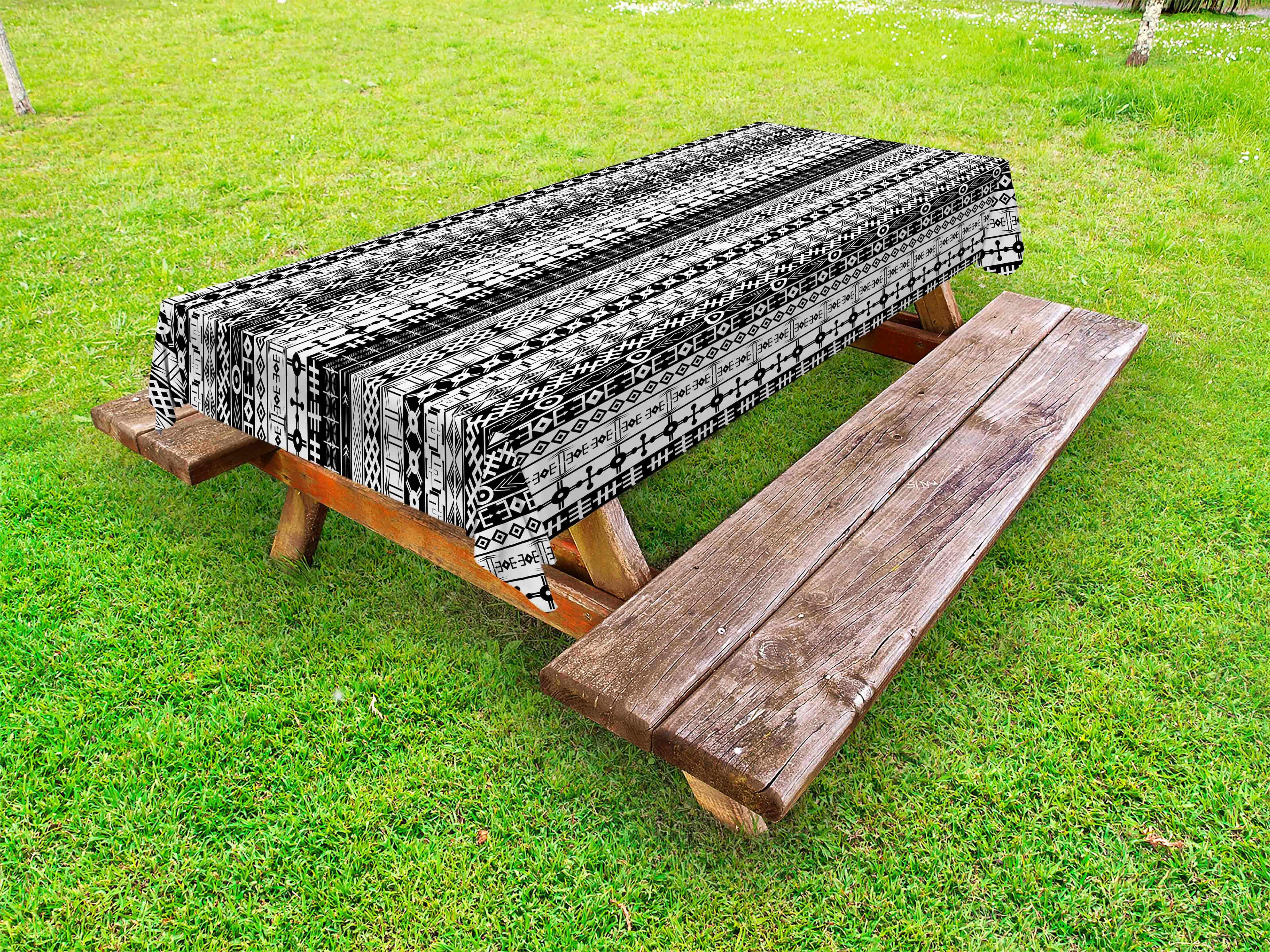 Primitive Outdoor Tablecloth, Black and White African Tribal Motifs