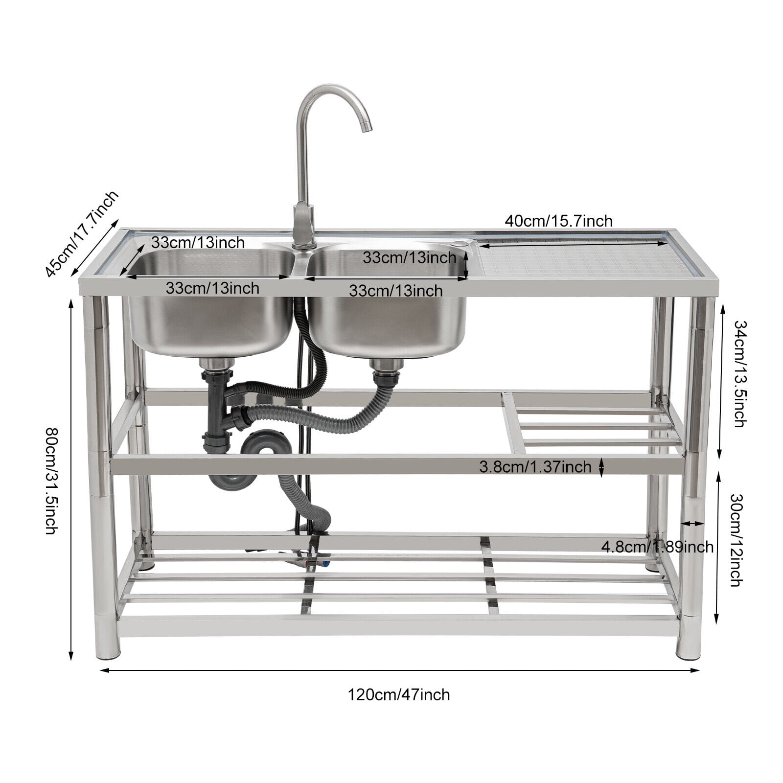 Miumaeov 2 Compartments Commercial Freestanding Kitchen Sink Stainless Steel Utility Sink