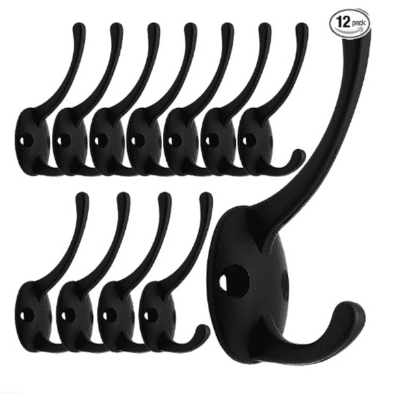 12 Pack Black Coat Hooks Wall Mounted with 24 Screws Retro Double Hooks Utility Black Hooks for Coat, Scarf, Bag, Towel, Key, Cap, Cup, Hat