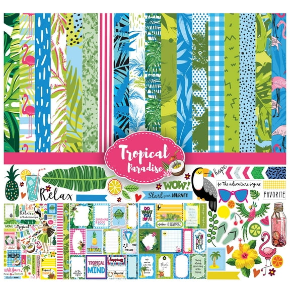 Inkdotpot Tropical Paradise Collection Double-Sided Scrapbook Paper Kit Cardstock 12"x12" Card Making Paper Pack With Sticker Sheet - 16 Pages - Blue & green