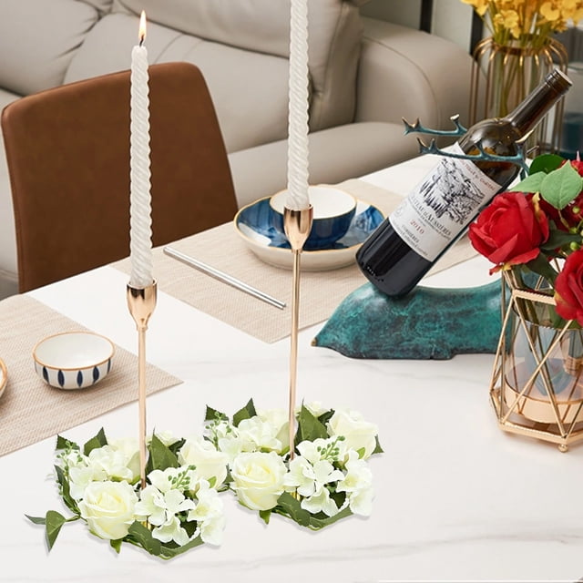 Anillos de Velas con Rosas Artificiales Blancas | Decoración Festiva para Bodas | Centros de Mesa para Fiestas y Decoración Del Hogar | Material: Poliéster | Tamaño: 20 × 20 × 6 Cm | 1 Unidad