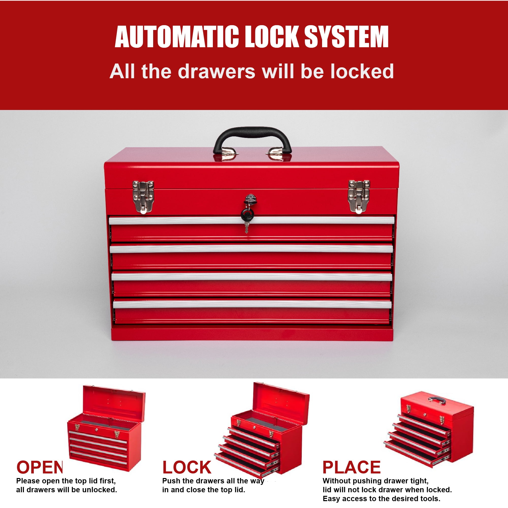 Aukfa Tool Box, 21 in Steel 4-Drawer Toolbox with Automatic Lock System for Garage, Red