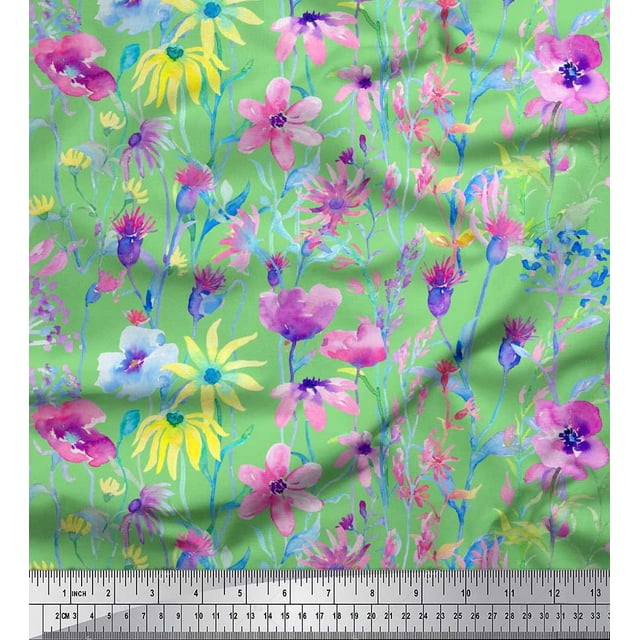 Soimoi Moss Georgette Fabric Flower Watercolor Print Sewing Fabric Yard 42 Inch Wide