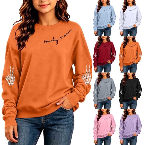 Frostluinai Crewneck Sweatshirts for Kids Girls Halloween Pullover Casual Long Sleeve Spooky Season Print Sweat Shirts 5-15 Years