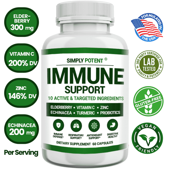 Simply Potent Elderberry Immune Support with Antioxidant Vitamin C, Echinacea, Zinc, Turmeric & Probiotics  Immunity Boost, 60 Capsules