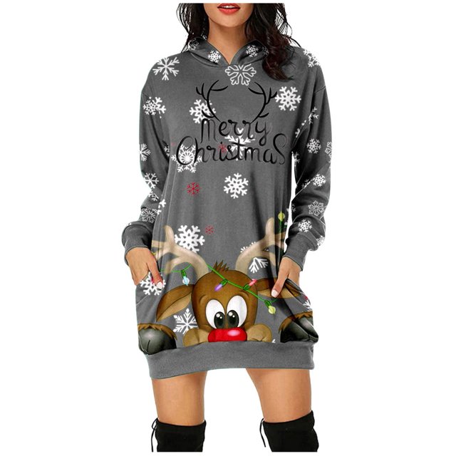 Robe Longue à Col en V Imprimée de Noël pour Femmes, Chandail à Capuche à Manches Longues, avec Poches, Robe à Capuche d'Été pour Femmes, Chandail à Capuche, Robe Chandail, Robes pour Femmes, Chandail à Capuchon