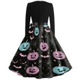 thumbnail image 5 of Women's Halloween Dress Bat Spider V Neck Hepburn Cocktail Casual Dresses Long Sleeve 1950s Classic Vintage Dress with Belt M, 5 of 5
