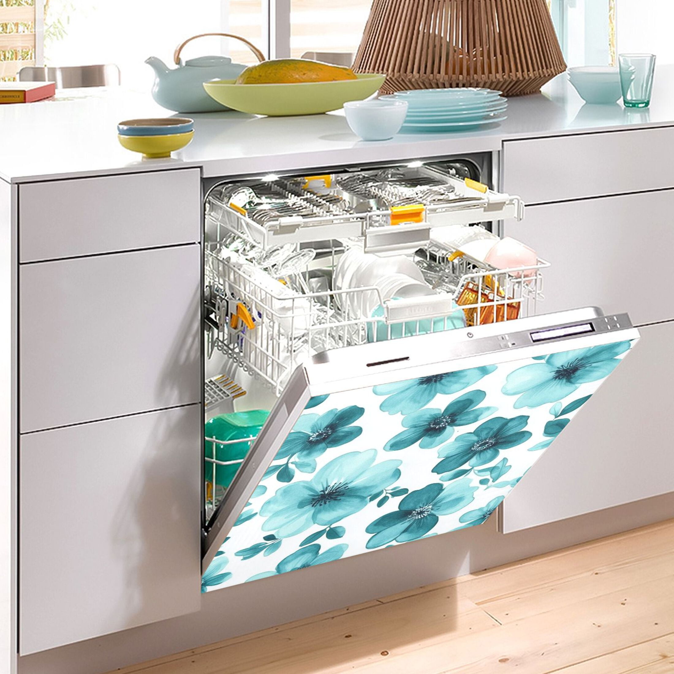 Dishwasher Magnetic Sticker 23x26 Inch Refrigerator Magnetic Sticker Washing Machine Magnetic Sticker Kitchen Panel Magnetic Sticker Home Decor Cartoon Navy Flowers Seamless