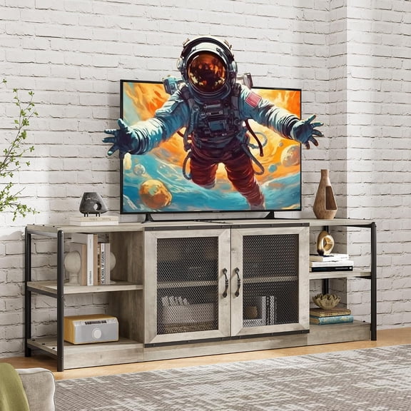 TV Stand for 80 Inch TV, 70.86 in Industrial Media Console with Mesh Doors, Open Shelves and Storage for Living Room