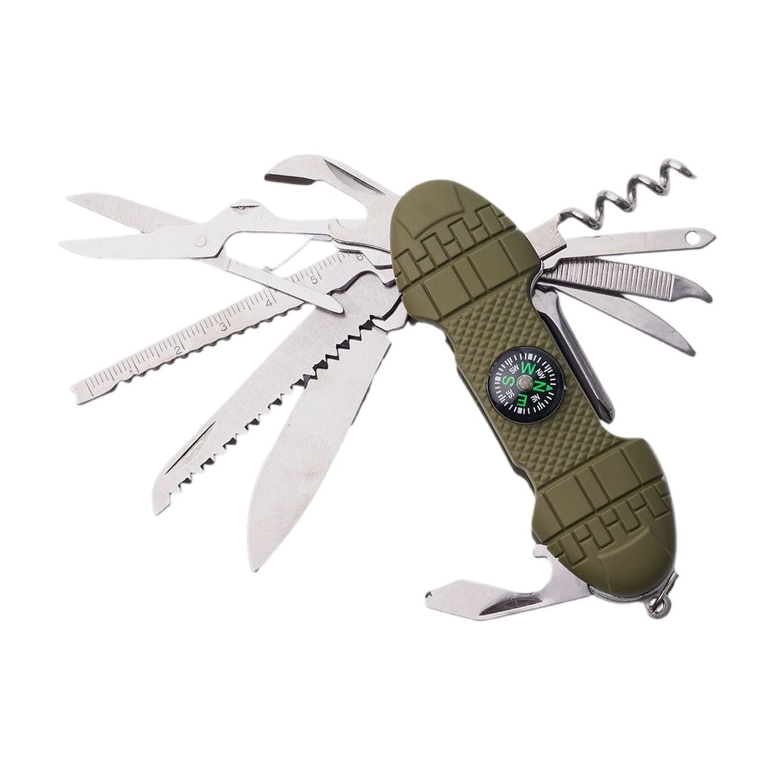 Foldable Pocket Multitool with Compass Stainless Steel Multi Function Tool for Camping Hiking Outdoor Survival EDC Olive Green