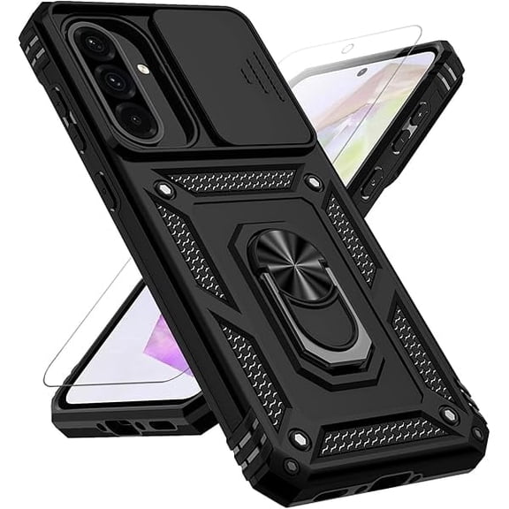 for Samsung Galaxy A36 5G Case with Slide Camera Cover HD Screen Protector [Military Grade 16ft. Drop Tested] Magnetic Ring Holder Kickstand Protective Phone Case for Galaxy A36 5G 2025, Black