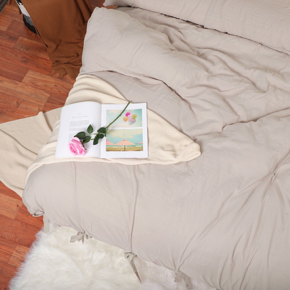 Unique Bargains Washed Cotton Duvet Cover Pillowcase Bedding Set King Tan