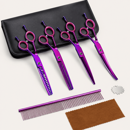 Dog Grooming Scissors - Professional 6 in 1 Pet Scissors Sharp and Durable Shears Set Thinning Chunker Straight Curved Shears and Comb for Dog Cat Pets Purple